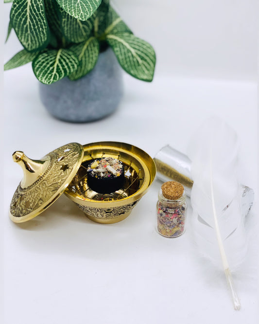 Gold Brass Incense Charcoal Burner Set 6cm